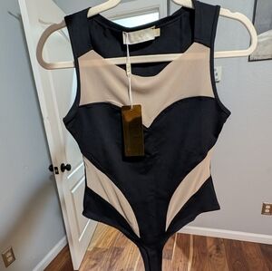 L / C Lizette Collection Bodysuit Black and Mesh Tan Medium + Large Nwt